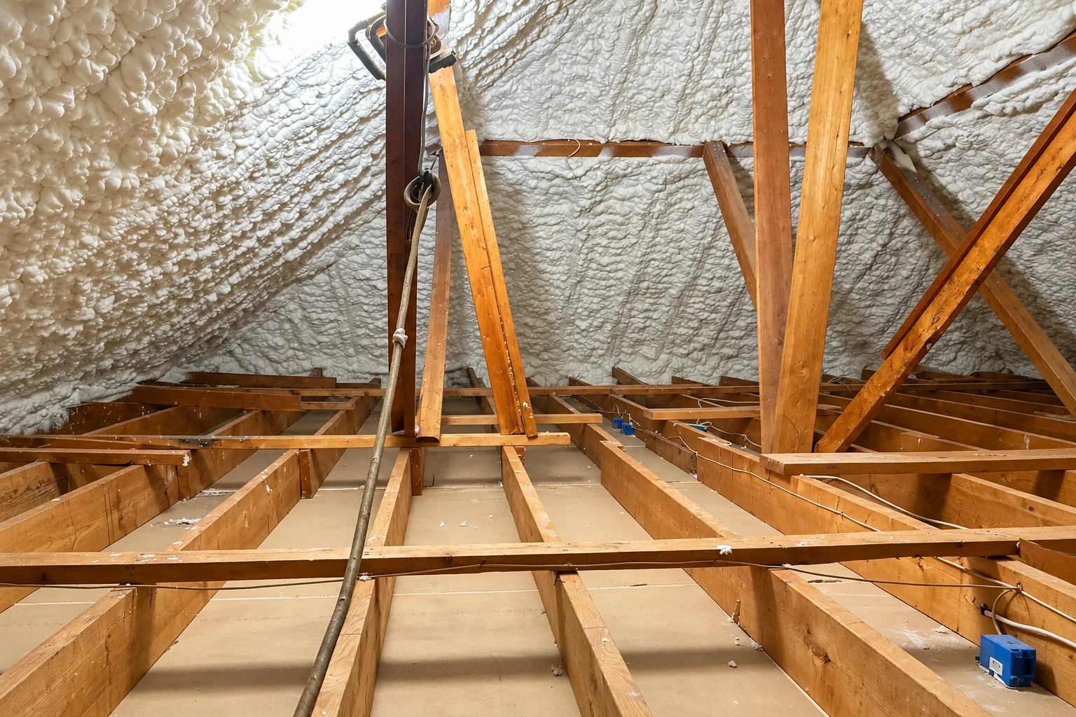 Exposed wooden attic framing beneath a ceiling coated in white spray foam insulation.