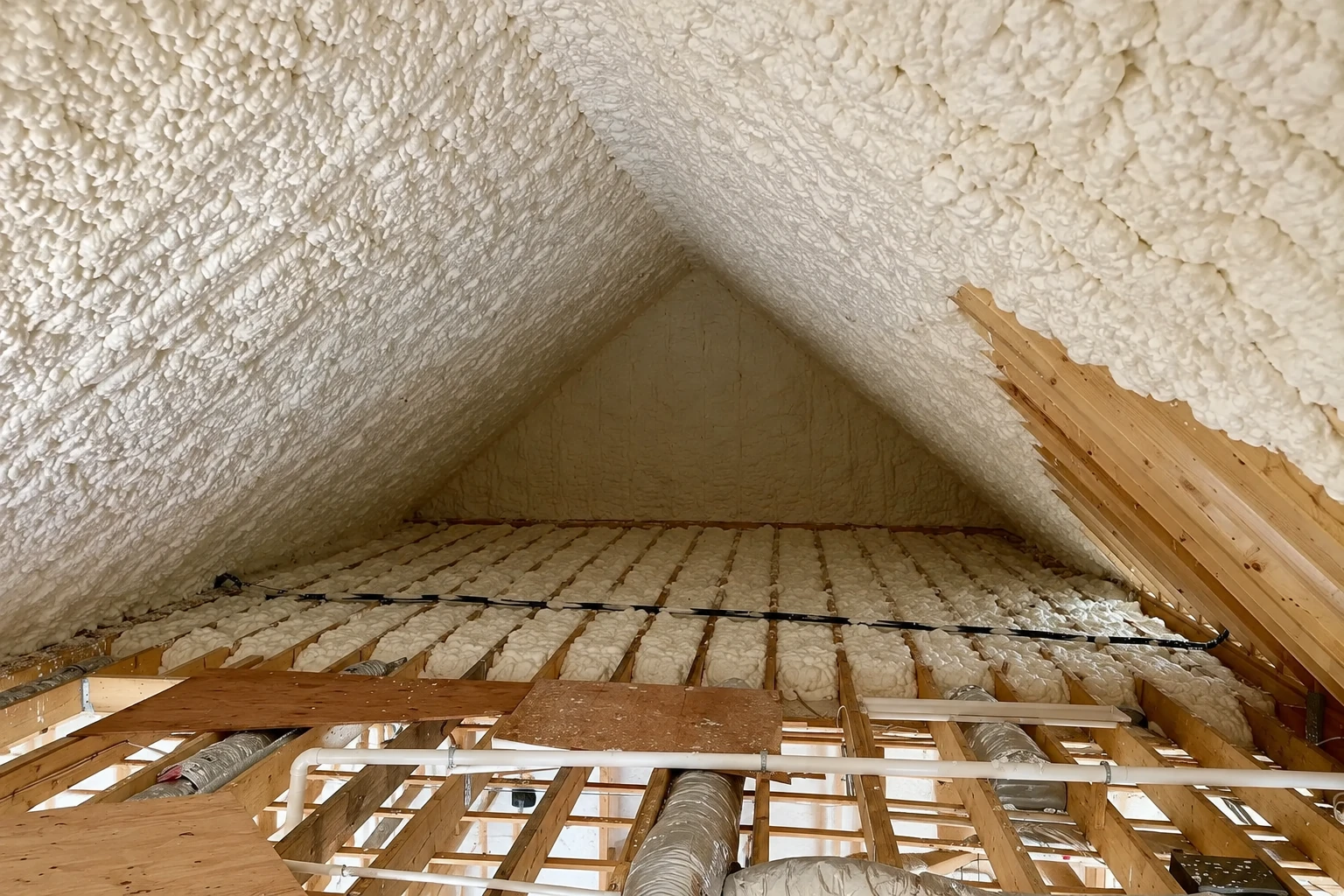 Attic roof and floor joists coated with uneven white spray foam, viewed toward the peaked end of the space.
