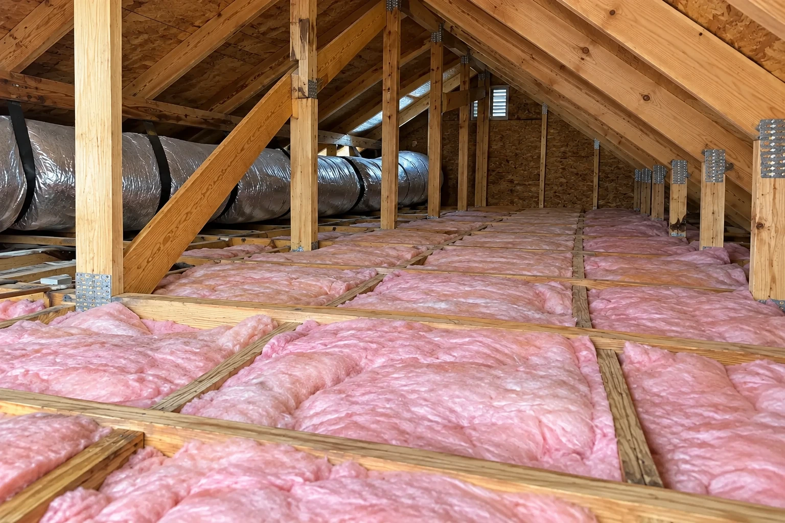 Pink batt insulation fills the floor bays of an attic beneath exposed wooden roof trusses, with a large flexible duct along one side.