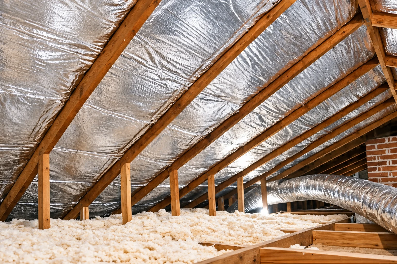 Attic air sealing with reflective foil lining the sloped roof between rafters, loose-fill insulation on the floor and a large duct.