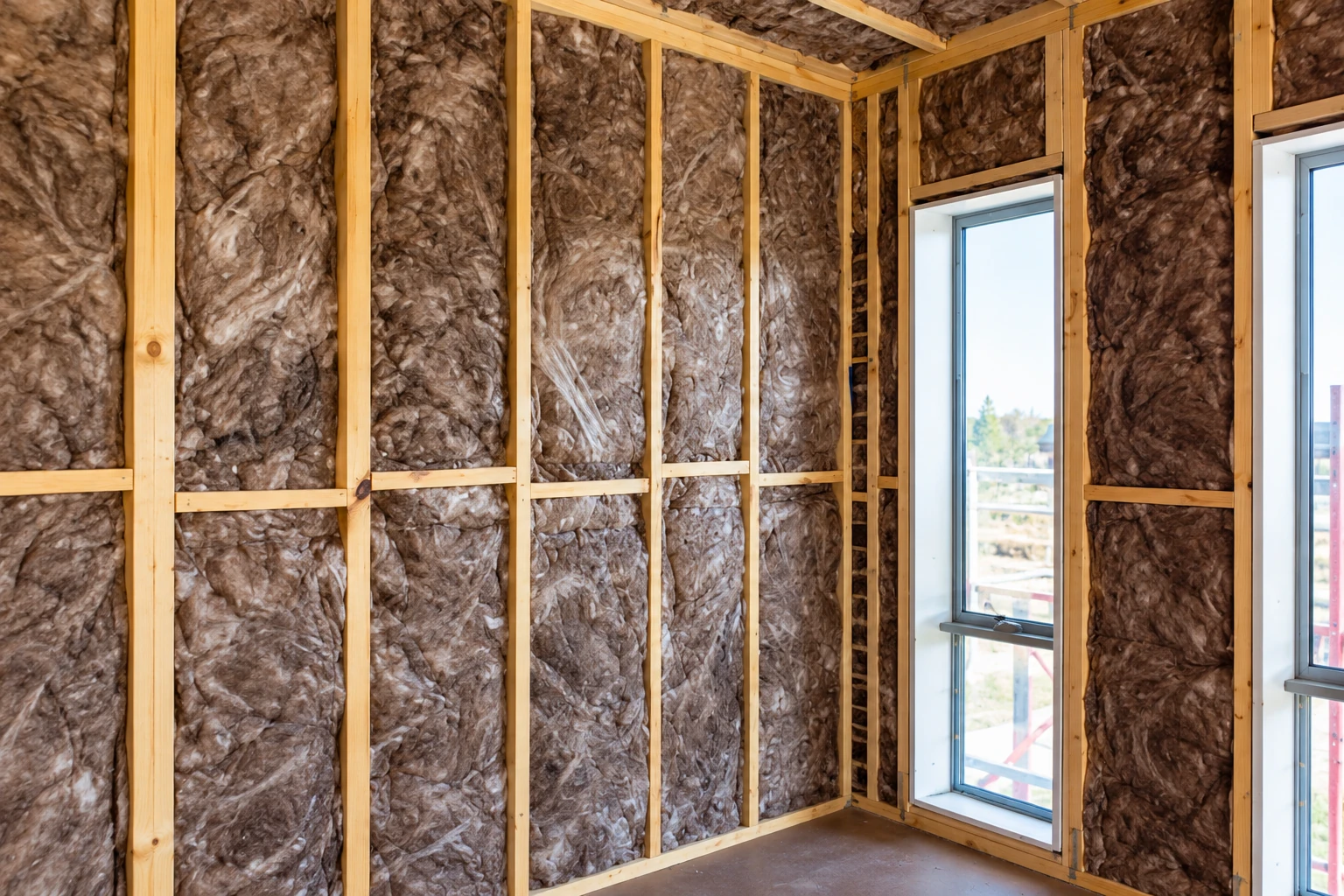 Brown fiberglass batts fill the wood wall and ceiling cavities of a room with two windows.