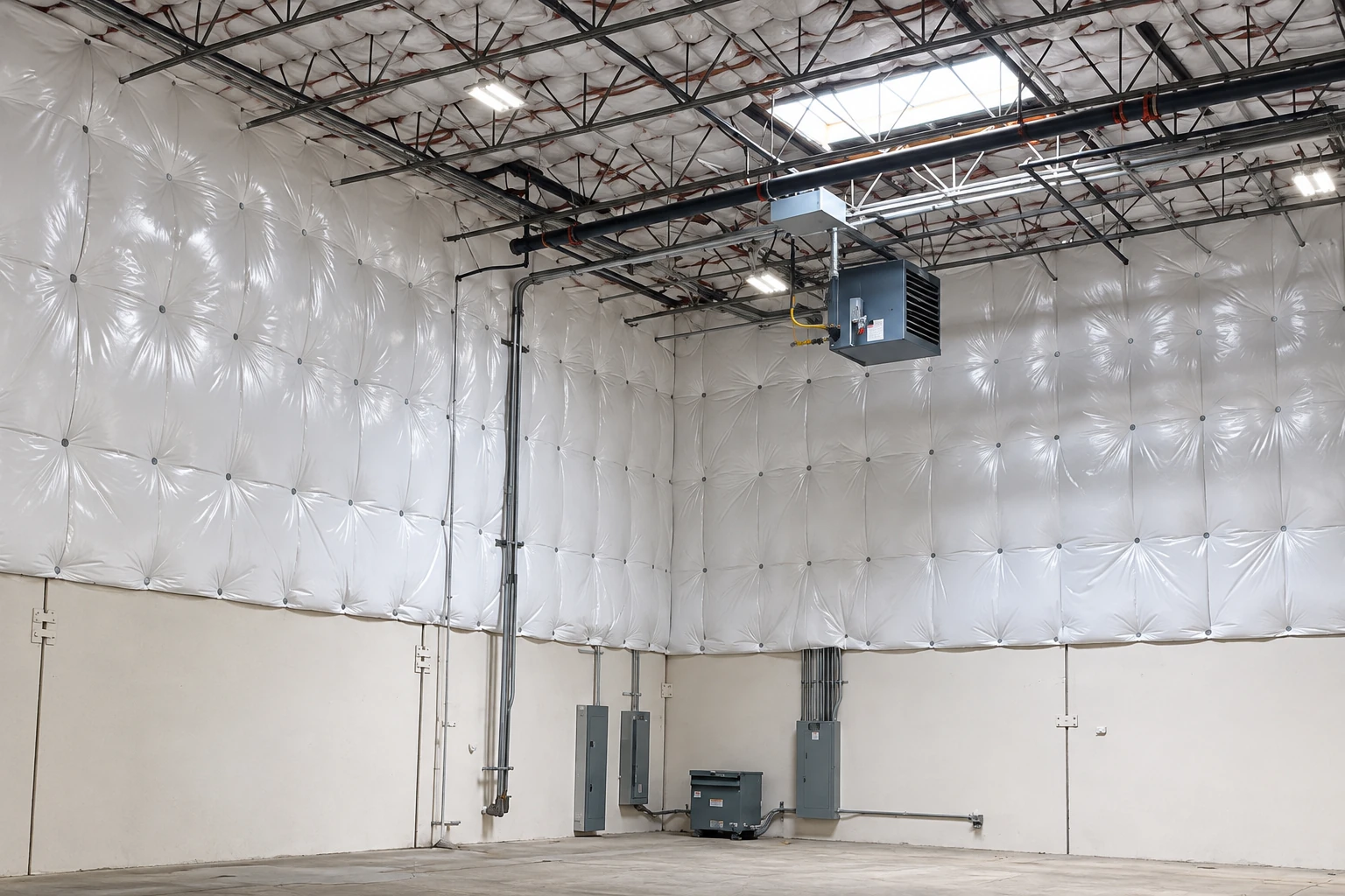 Large commercial room with reflective white insulation panels covering the upper walls and ceiling beneath metal roof trusses.