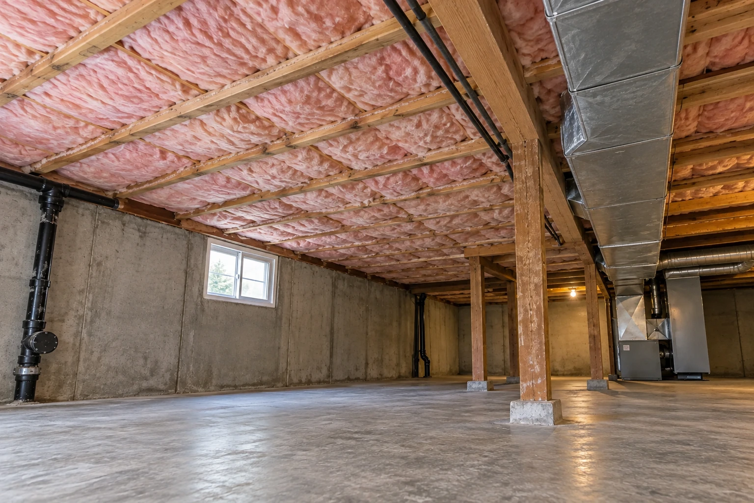 Basement with pink fiberglass batts between ceiling joists, concrete walls, support posts, and metal ductwork.