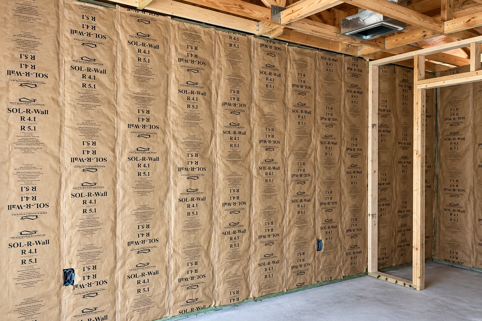 A framed commercial interior with kraft-faced fiberglass insulation fitted between wall studs and exposed roof trusses.