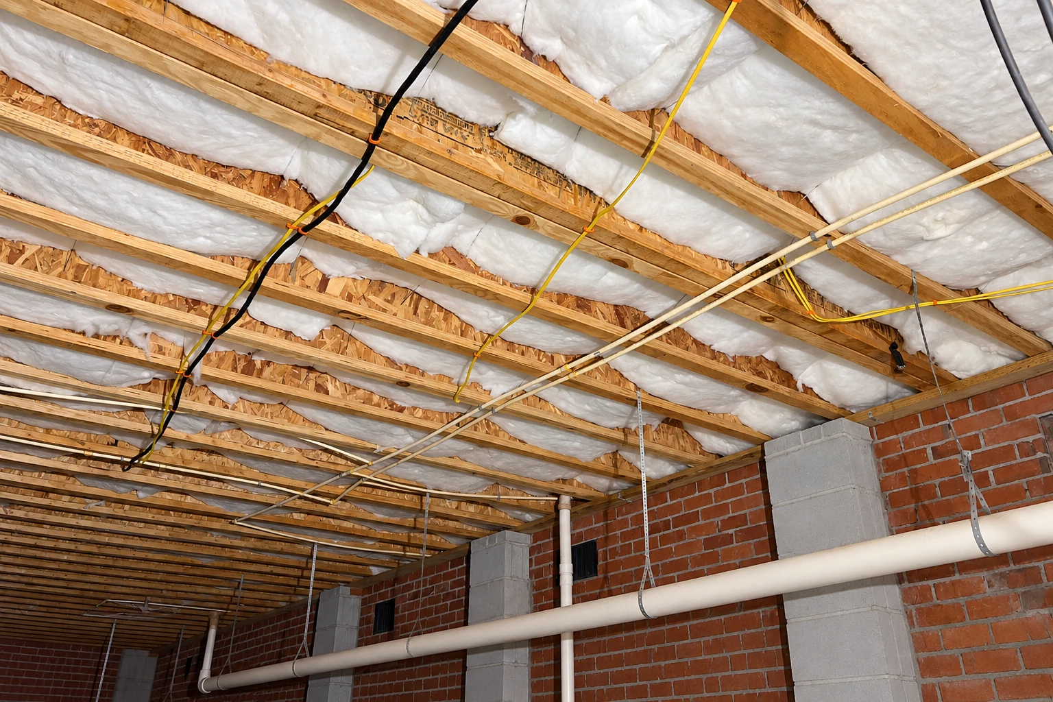 Crawl space ceiling insulated with white batts between exposed wooden joists, above brick walls and plumbing.
