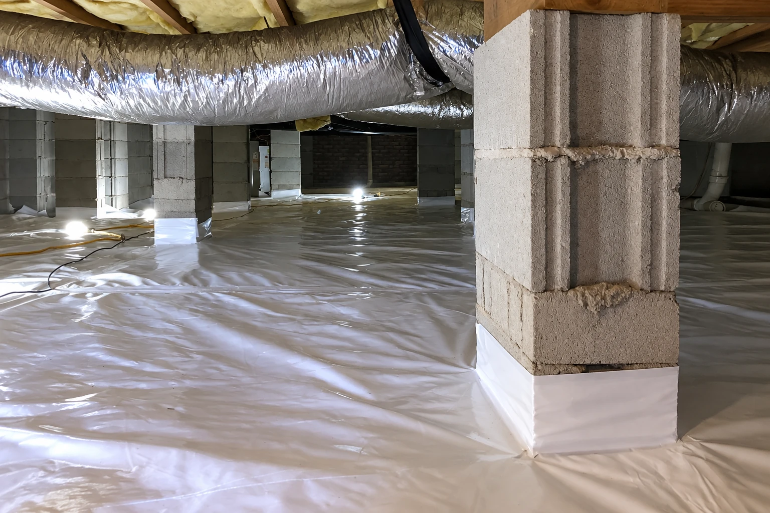 Crawl space with a plastic-covered floor, concrete block piers, overhead ductwork and insulation between floor joists.