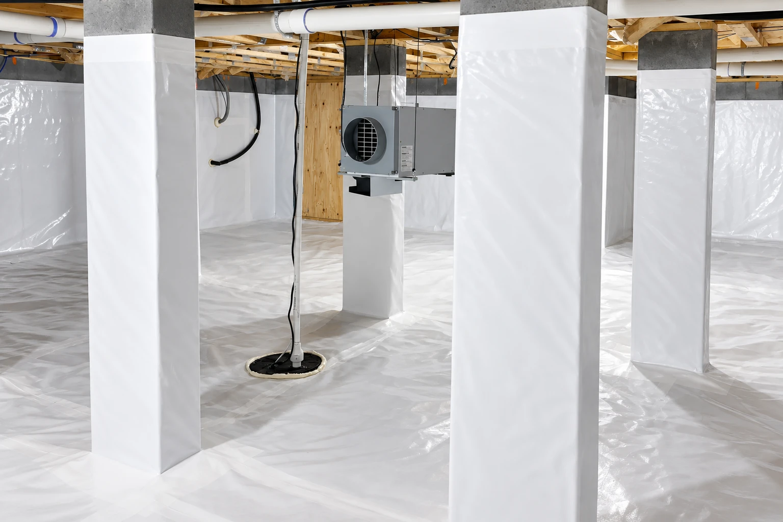 A crawl space with white vapor barrier covering the floor and support columns, with a ventilation unit suspended among the joists.