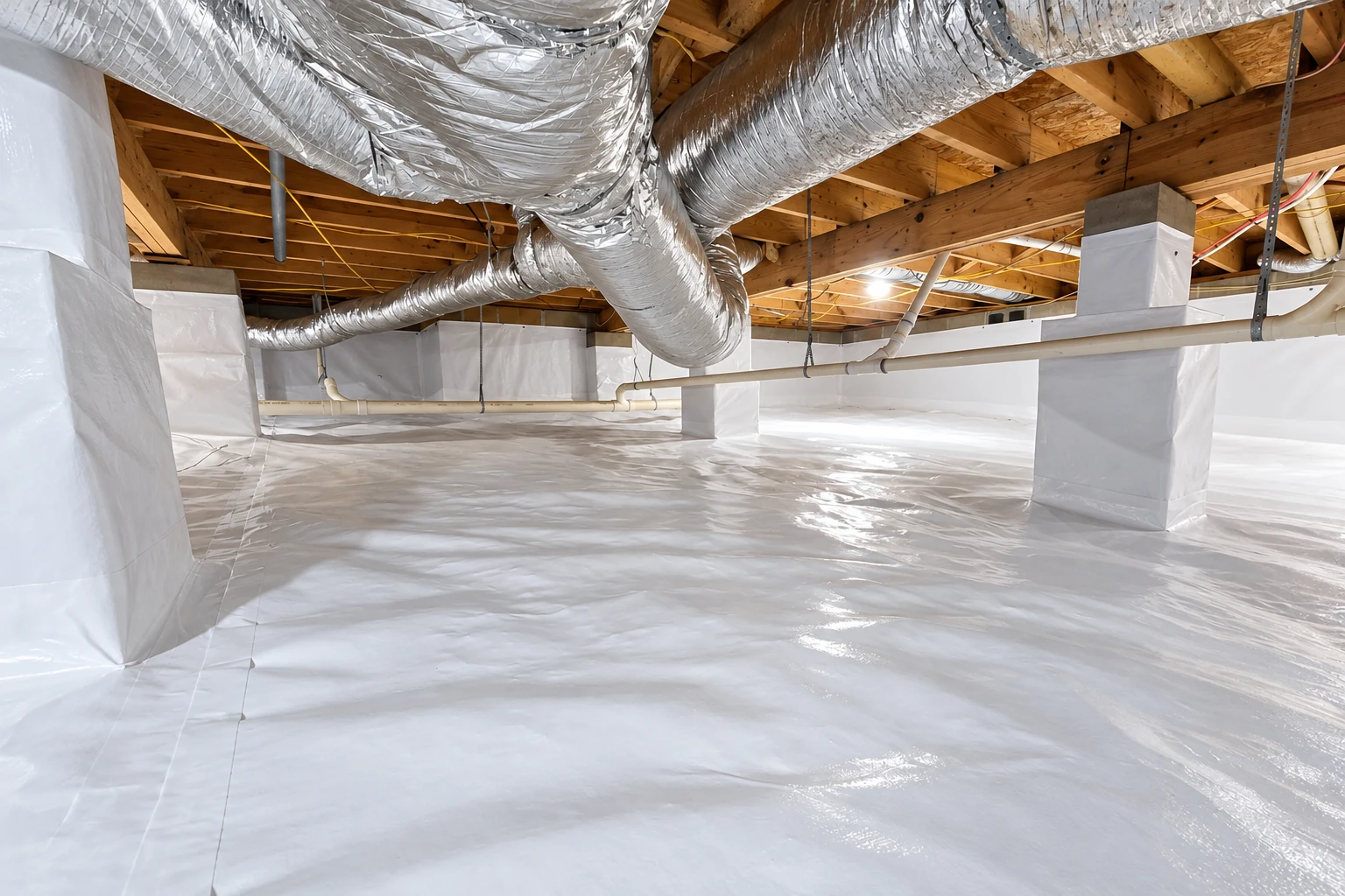 A white vapor barrier covers the crawl space floor and wraps support piers beneath exposed joists and silver ductwork.