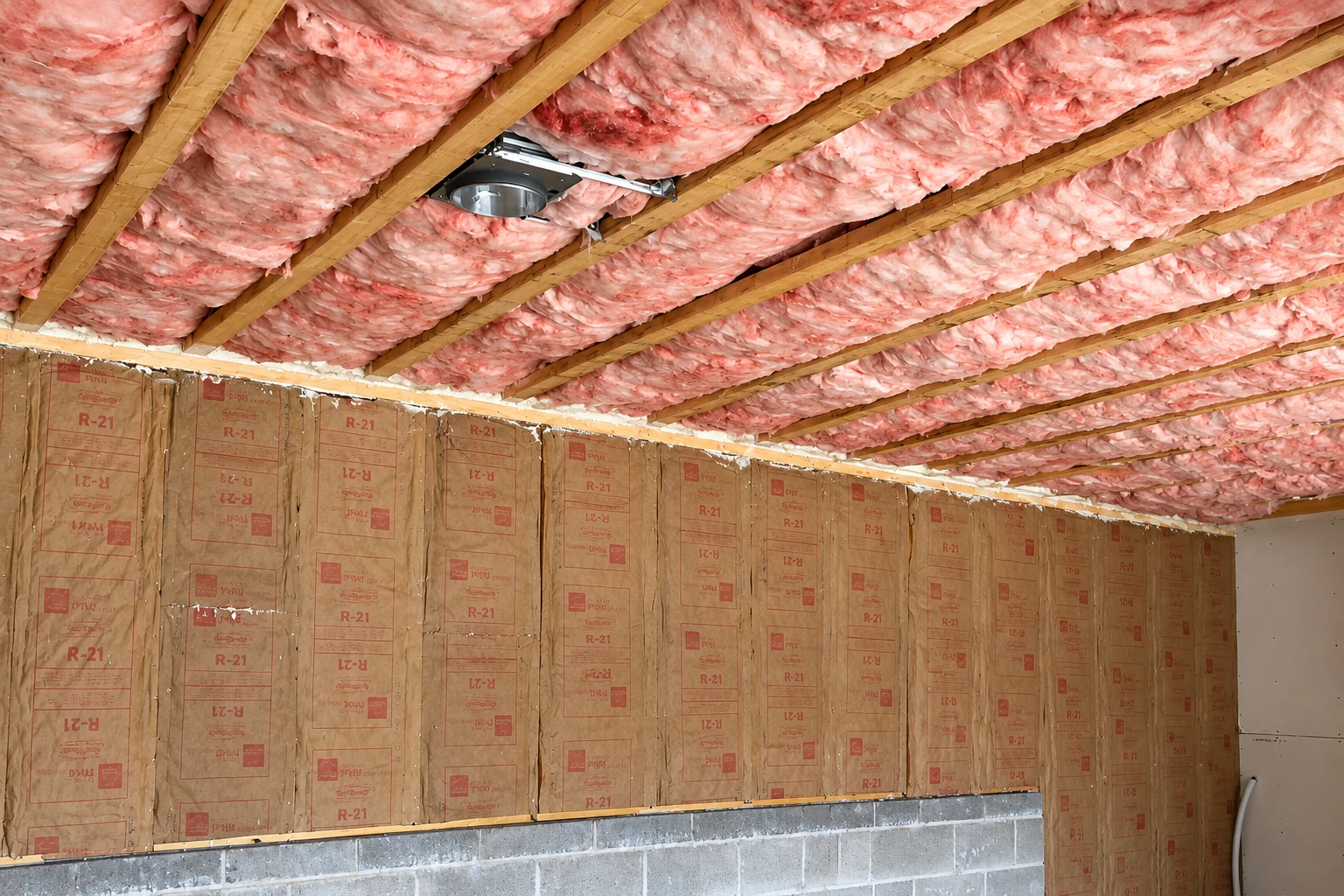 Pink fiberglass batts fill ceiling joists above paper-faced wall insulation in a basement or unfinished room.