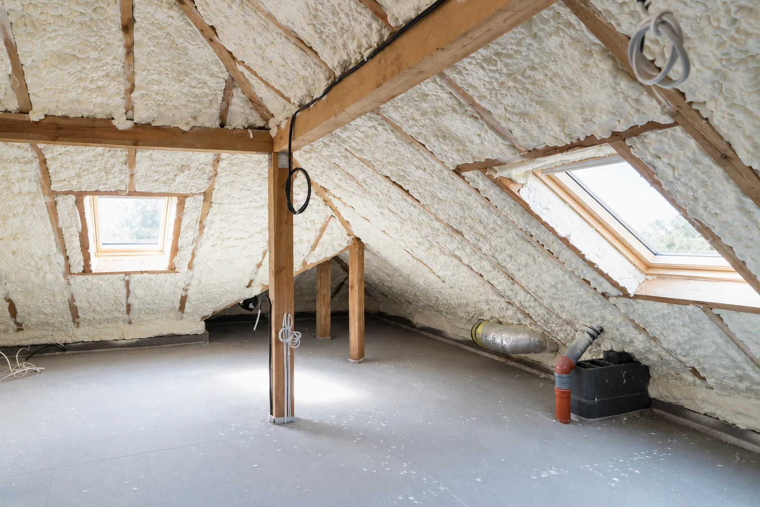 Attic with white spray foam coating the sloped roof between exposed wooden rafters, skylights, and utility pipes.