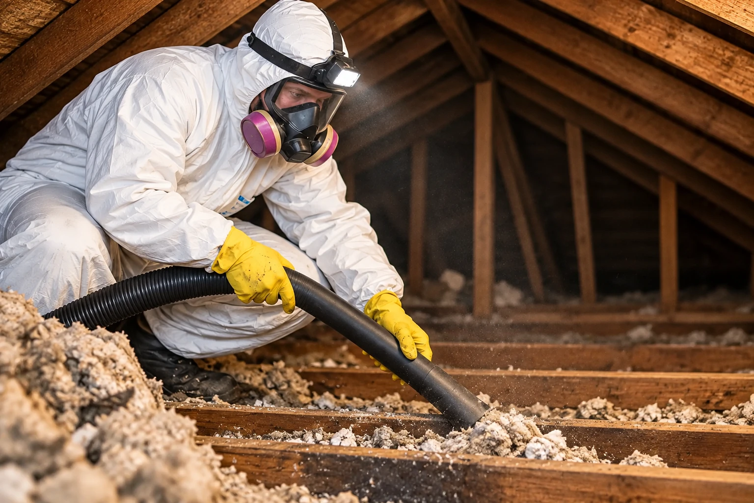 A worker in protective clothing and a respirator vacuums loose attic insulation through a large hose.