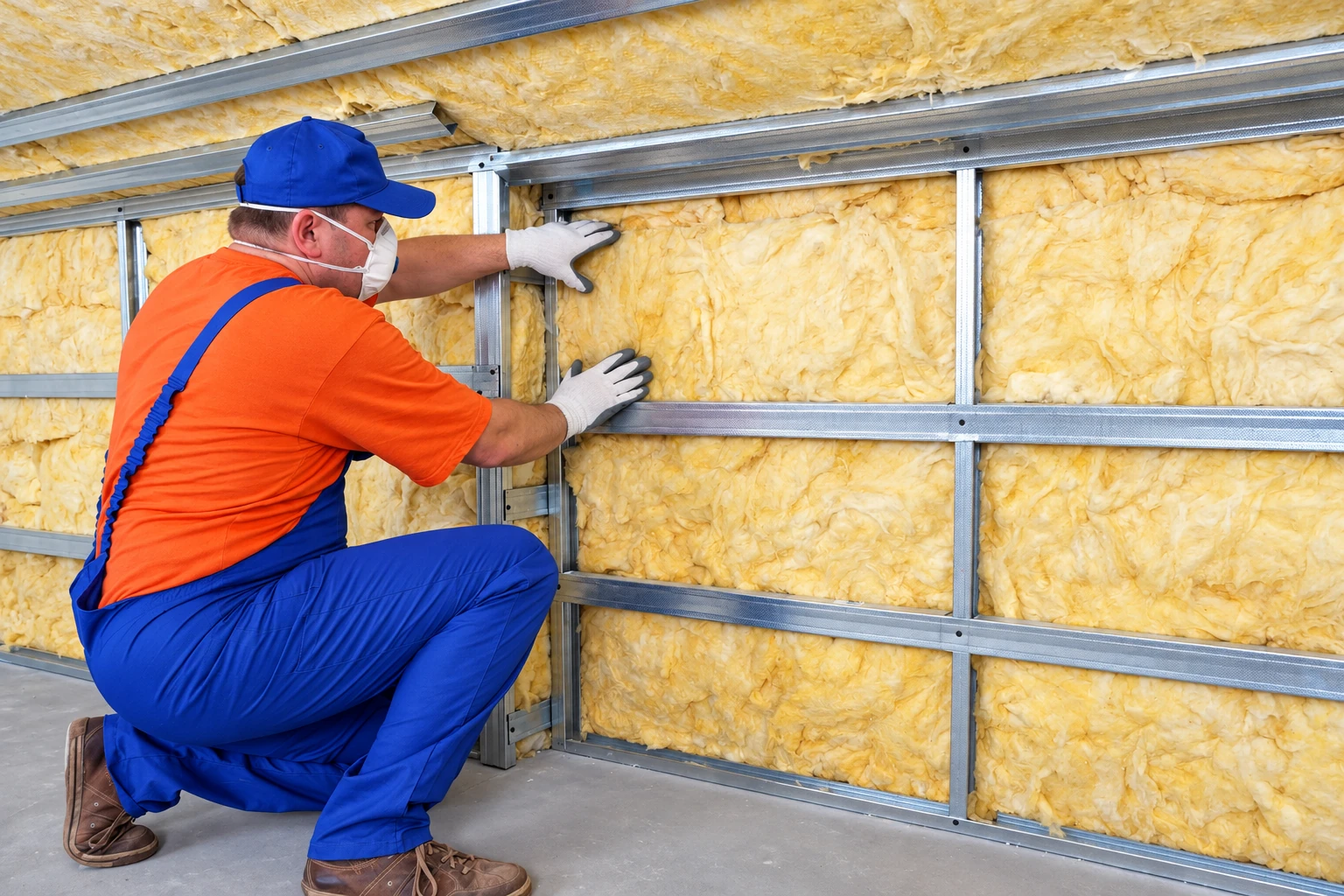 A worker in protective gear presses yellow fiberglass batts into a metal-framed wall during a retrofit insulation installation.