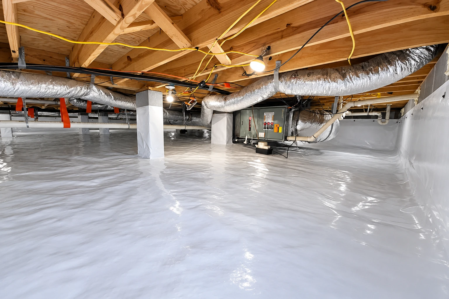 A crawl space with a reflective vapor barrier covering the floor and lower walls beneath exposed wood joists, ducts, and wiring.
