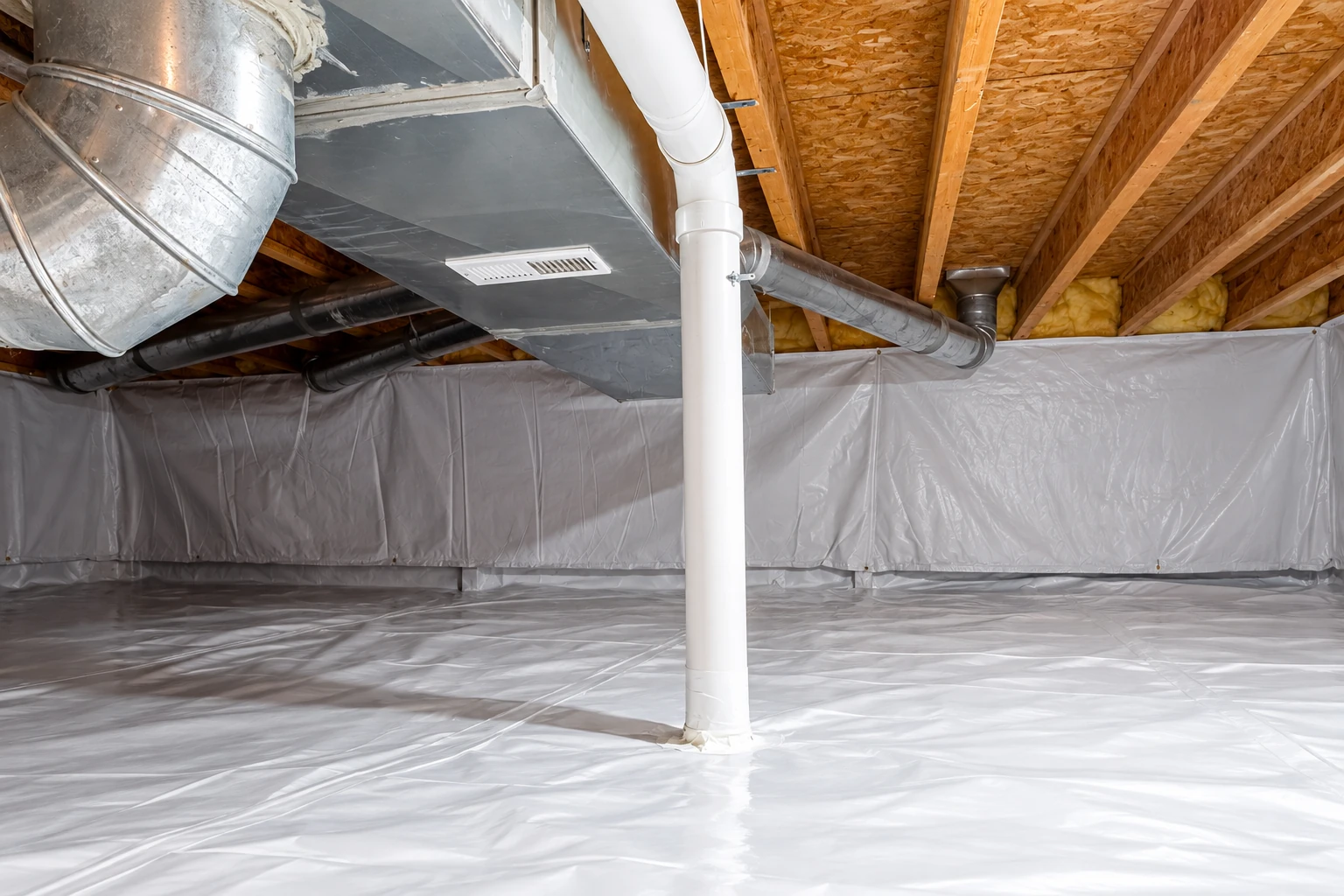 A crawl space lined with a white vapor barrier across the floor and walls, with exposed joists and ductwork overhead.