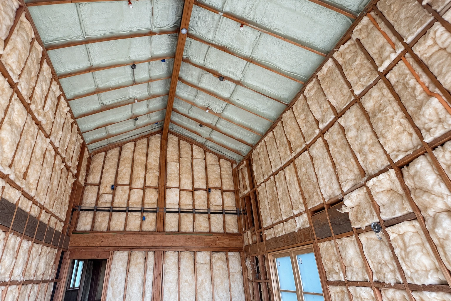 Tall unfinished room with fiberglass batts filling wall studs and pale spray foam covering the sloped ceiling.