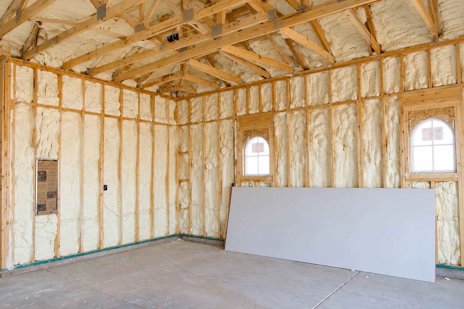 Wall insulation fills the exposed wooden studs and roof framing in an unfinished room with two arched windows.